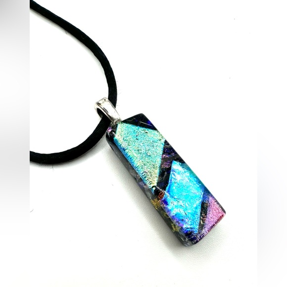 Dichroic Blue Art Glass Pendant Necklace 21” Black Cord & Extender-Handcrafted - Picture 2 of 11